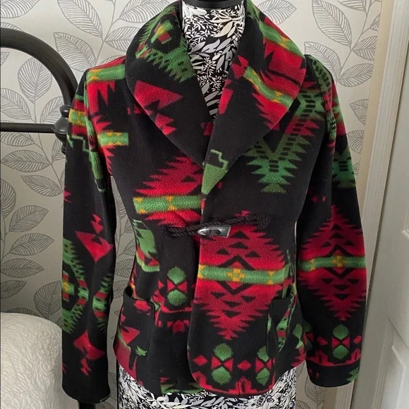 Girl’s Ralph Lauren Black Fleece Jacket with Red and Green Southwestern print - Picture 2 of 10